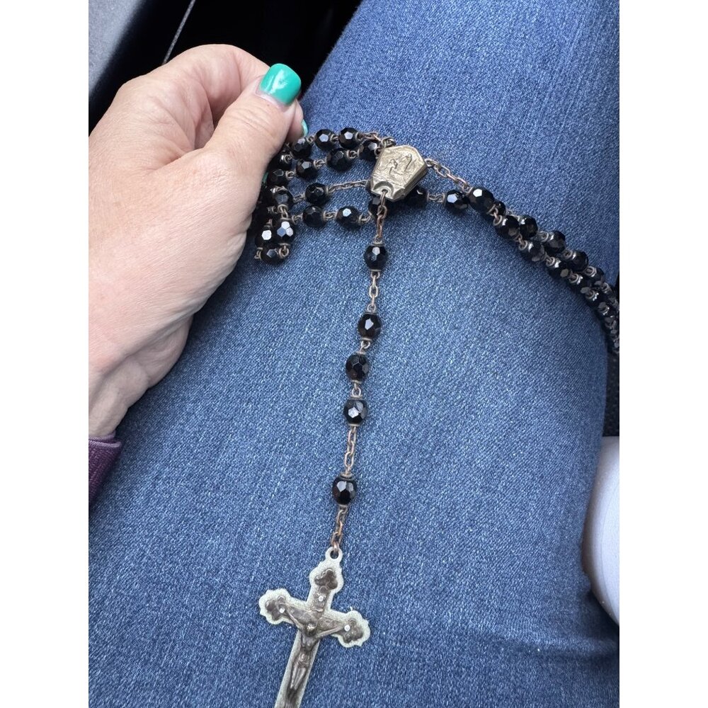 Lourdes Rosary with EAU DE LOURDES Water Relic Black Faceted Beads Brass Crucifi - Picture 6 of 8